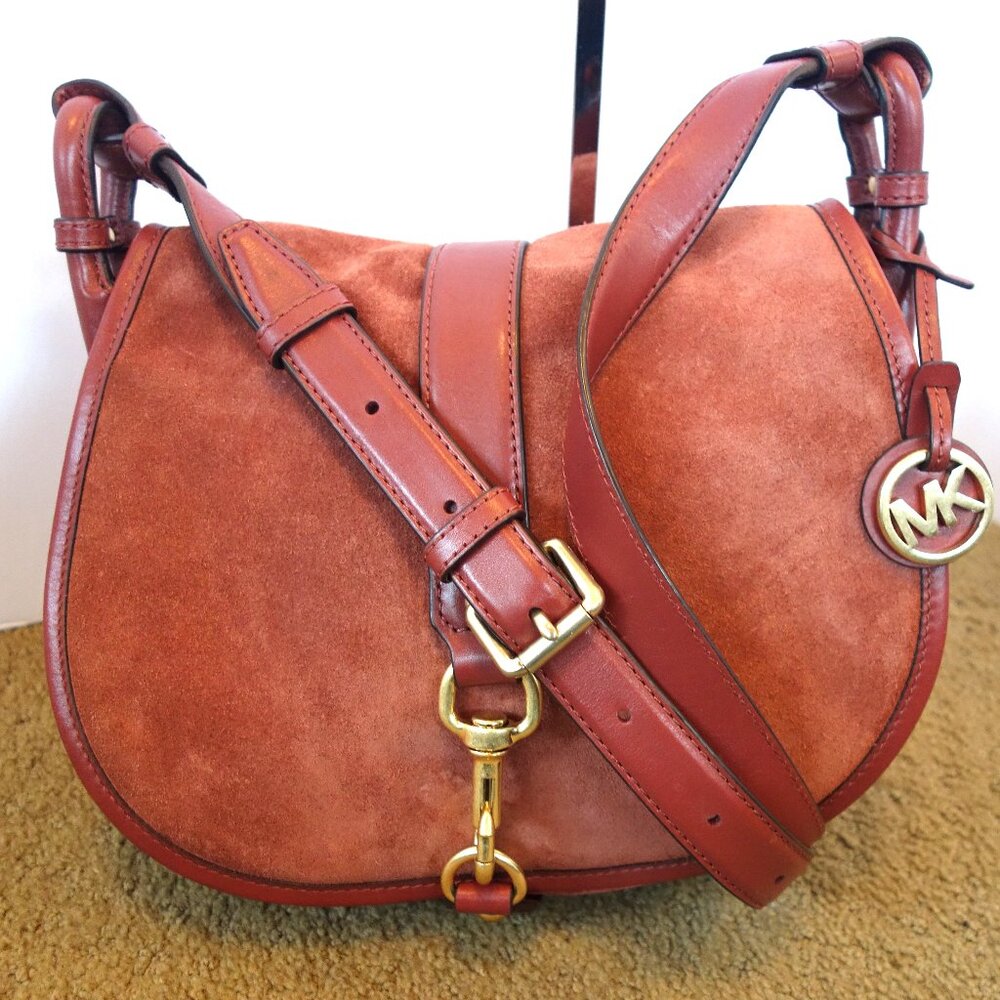 FALL READY! Michael Kors Maroon suede and leather xbody with brass accents EUC